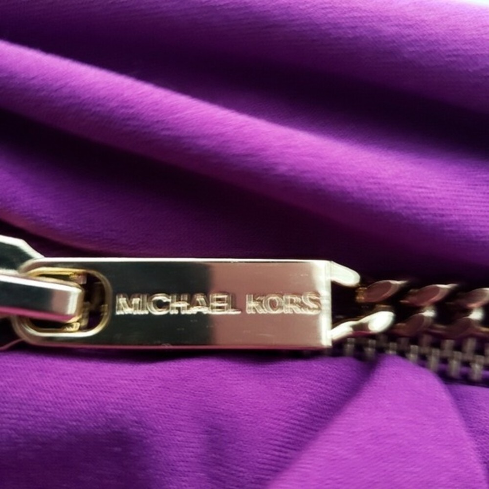 NWT Michael Kors Purple Gold Asymmetrical Ruched Zipper Cocktail Dress- Large, L - Picture 6 of 7